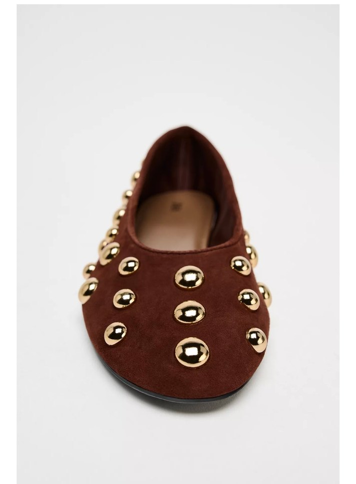 Zara Kahverengi Süet zımbalı çıt çıtlı babet - Görsel 3