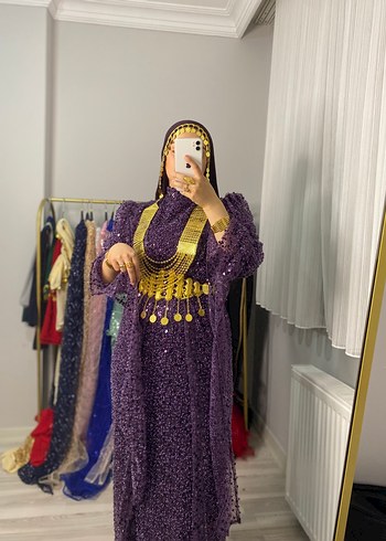 s Beden mor Renk Diger Mor Boncuk İşlemeli Uzun Elbise