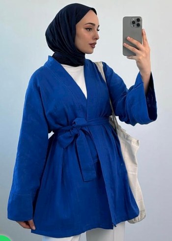 Kadın Mavi Keten Kuşaklı Kimono