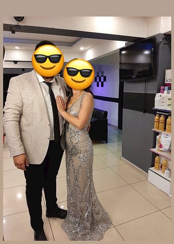 Parlak Gri Uzun Abiye Elbise