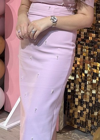 Pudra Renk Drapeli Uzun Abiye Elbise - Görsel 3