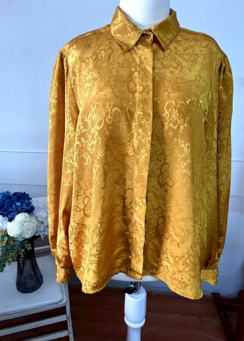 46 Beden altın Renk Orjinal C&A Marka Vintage Altın Jakarlı Gömlek