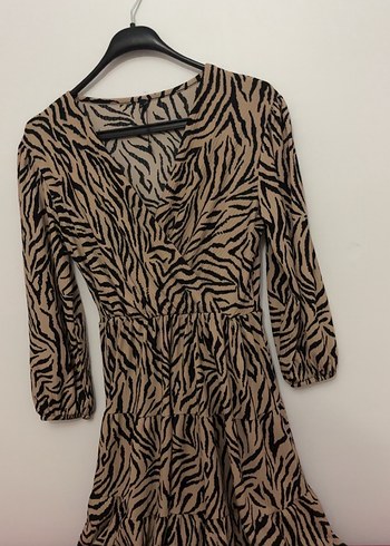 Kahverengi Zebra Desenli Mini Elbise