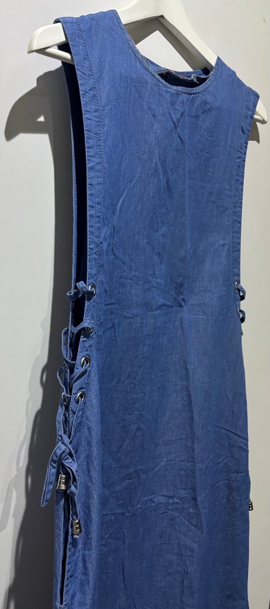 Mavi Kot Midi Bohem Salaş Elbise - Görsel 4