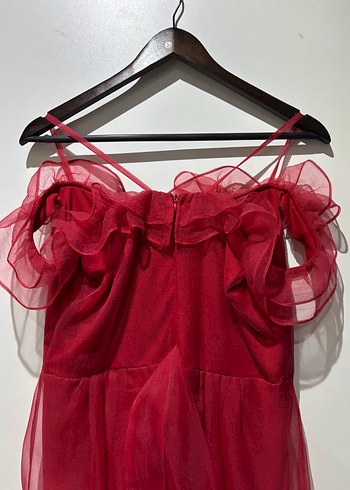 Kırmızı Fırfırlı Uzun Askılı Kadın Elbise - Görsel 4
