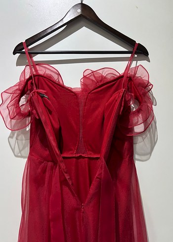 Kırmızı Fırfırlı Uzun Askılı Kadın Elbise - Görsel 6