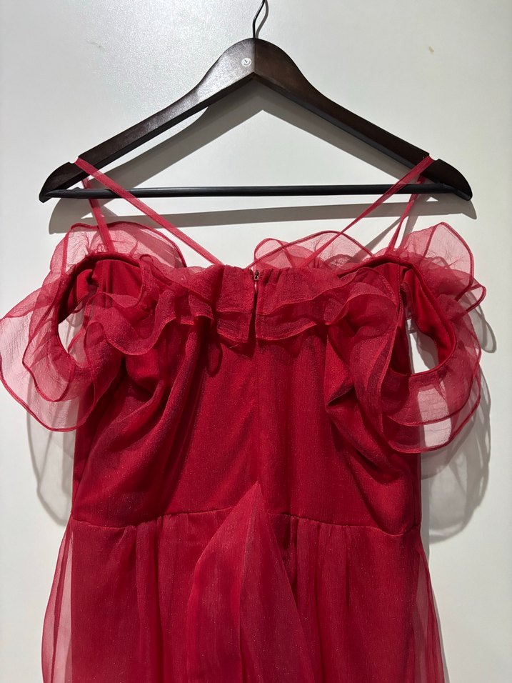 Kırmızı Fırfırlı Uzun Askılı Kadın Elbise - Görsel 4