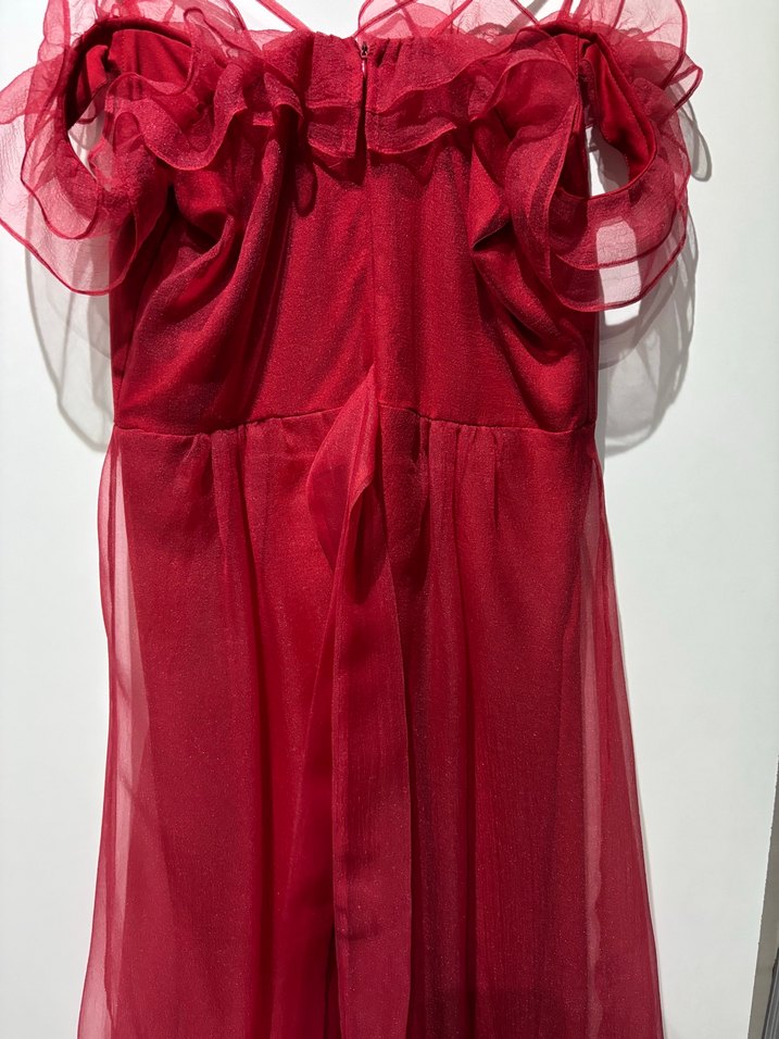 Kırmızı Fırfırlı Uzun Askılı Kadın Elbise - Görsel 5