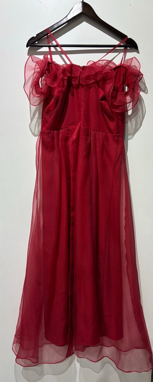 Kırmızı Fırfırlı Uzun Askılı Kadın Elbise - Görsel 3