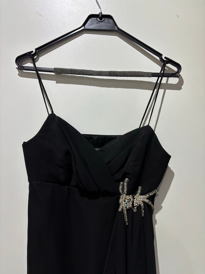 Siyah Strappy Drapeli Midi Abiye Elbise - Görsel 3