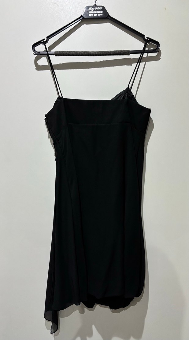 Siyah Strappy Drapeli Midi Abiye Elbise - Görsel 2