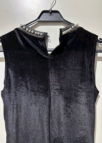 Kadife Elbise İnci Detaylı Siyah - Görsel 4