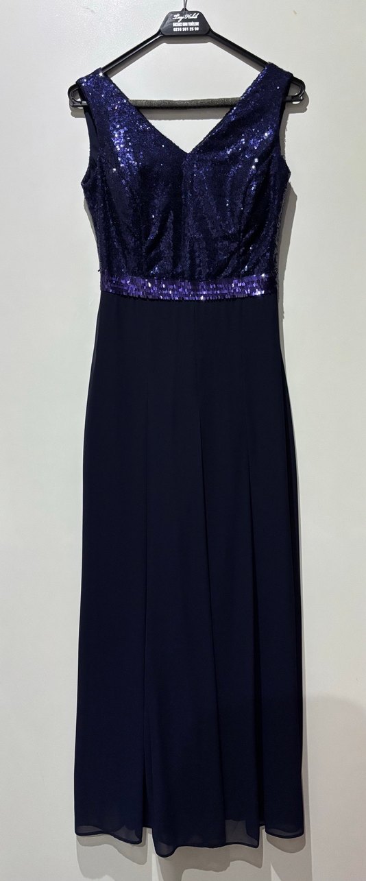 Lacivert V Yaka Uzun Abiye Elbise - Görsel 2