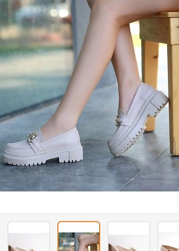 Diğer Bej Deri Zincir Detaylı Platform Topuklu Kadın Loafer