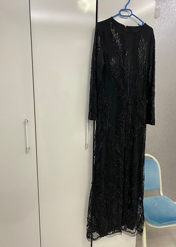 Abiye Uzun Siyah Gotik Nakışlı Kadın Elbise