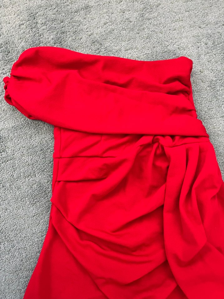 Kırmızı Drapeli Straplez Uzun Kadın Elbise - Görsel 2