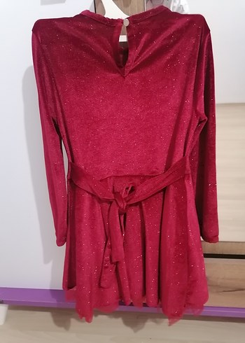 Kırmızı Uzun Kollu Kadife Kız Elbisesi Fiyonk Detaylı - Görsel 3