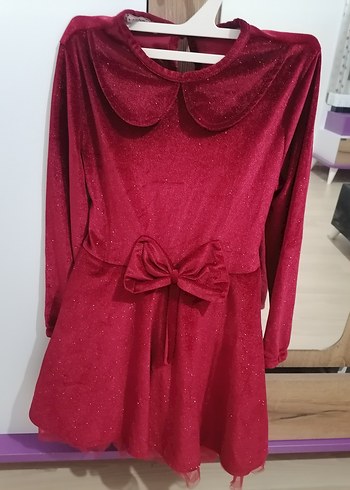 Kırmızı Uzun Kollu Kadife Kız Elbisesi Fiyonk Detaylı - Görsel 5