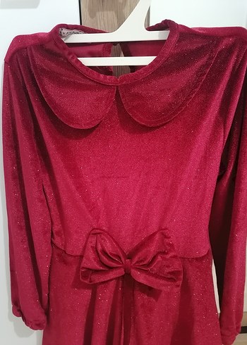 Kırmızı Uzun Kollu Kadife Kız Elbisesi Fiyonk Detaylı - Görsel 4