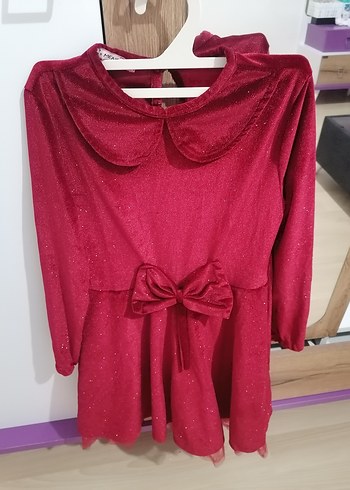 Kırmızı Uzun Kollu Kadife Kız Elbisesi Fiyonk Detaylı - Görsel 2