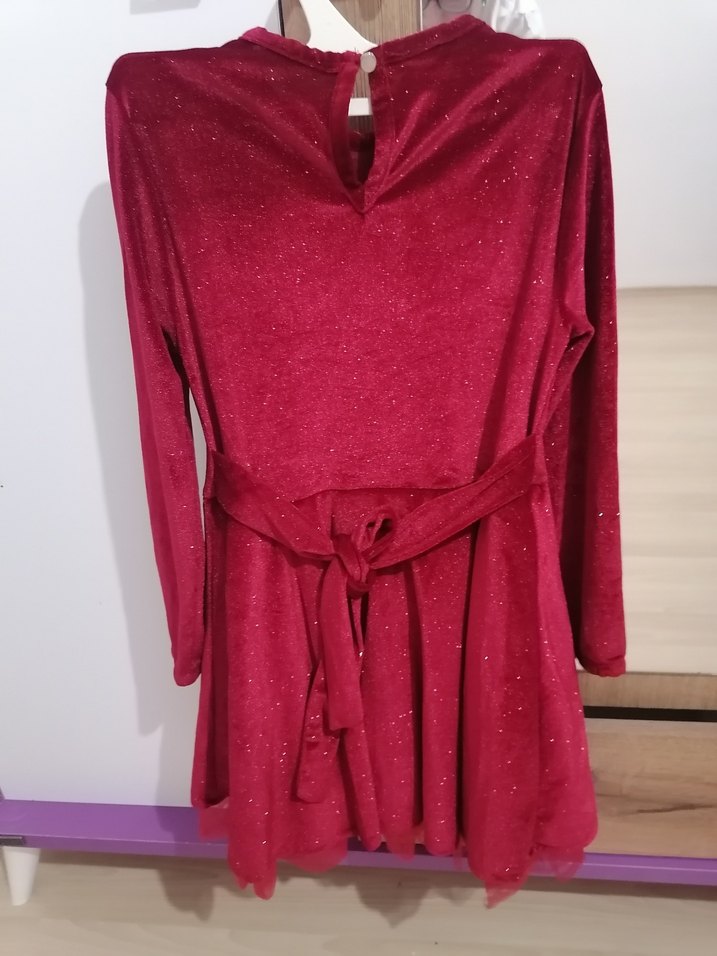 Kırmızı Uzun Kollu Kadife Kız Elbisesi Fiyonk Detaylı - Görsel 3