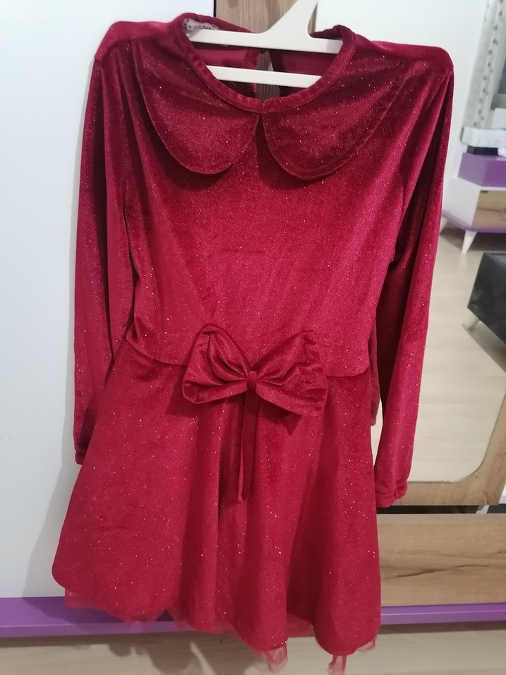 Kırmızı Uzun Kollu Kadife Kız Elbisesi Fiyonk Detaylı - Görsel 5