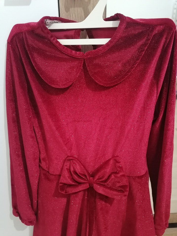 Kırmızı Uzun Kollu Kadife Kız Elbisesi Fiyonk Detaylı - Görsel 4