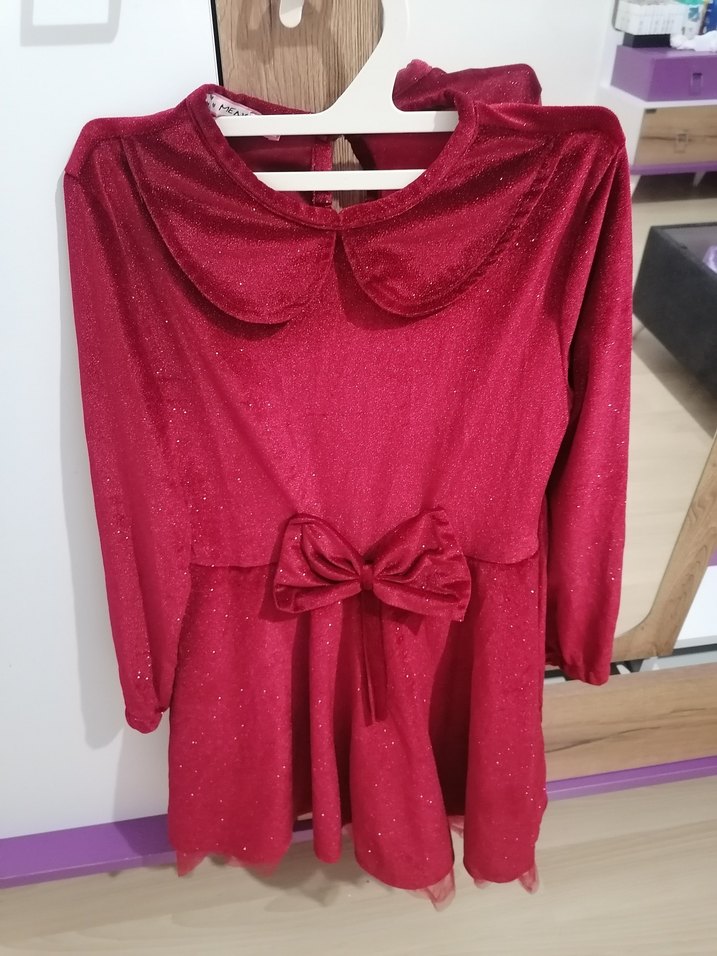 Kırmızı Uzun Kollu Kadife Kız Elbisesi Fiyonk Detaylı - Görsel 2