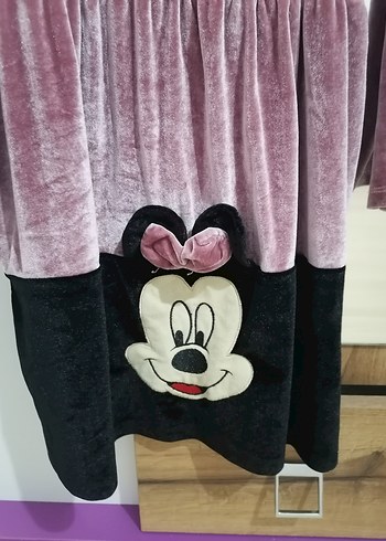 Uzun Kollu Pembe  Kadife Kız Elbise Minnie Baskılı - Görsel 3