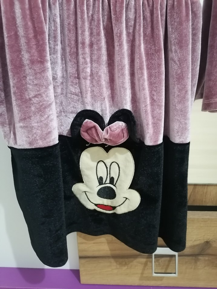 Uzun Kollu Pembe  Kadife Kız Elbise Minnie Baskılı - Görsel 3