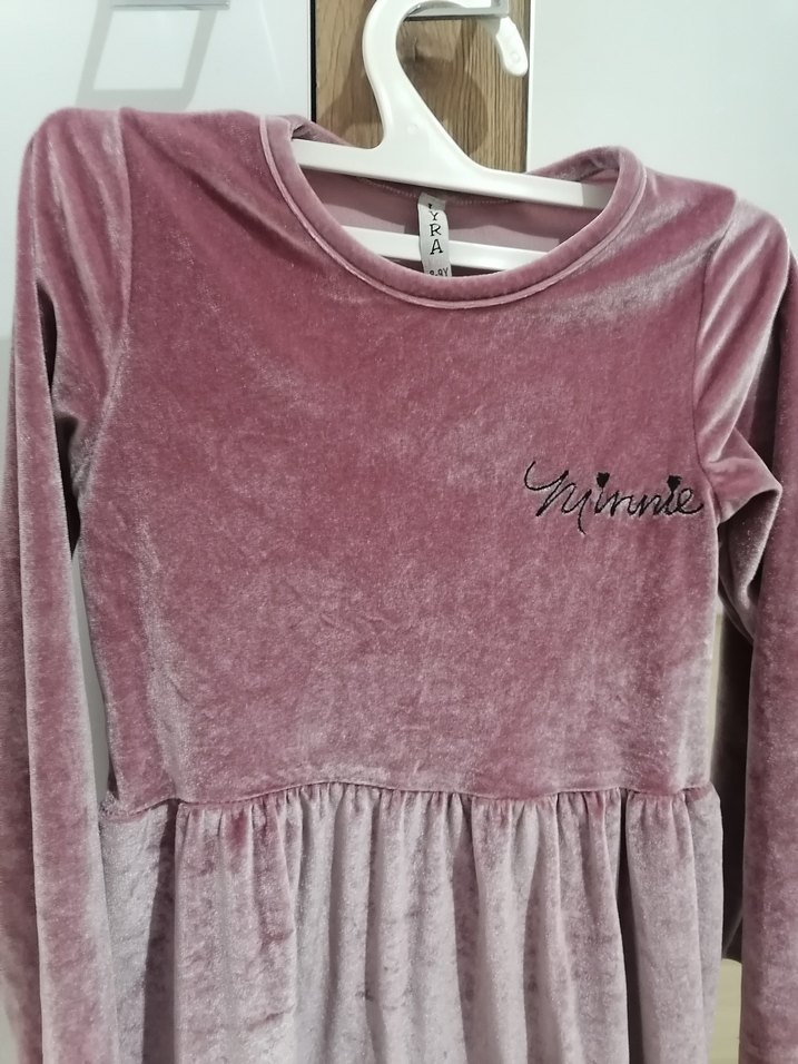 Uzun Kollu Pembe  Kadife Kız Elbise Minnie Baskılı - Görsel 4