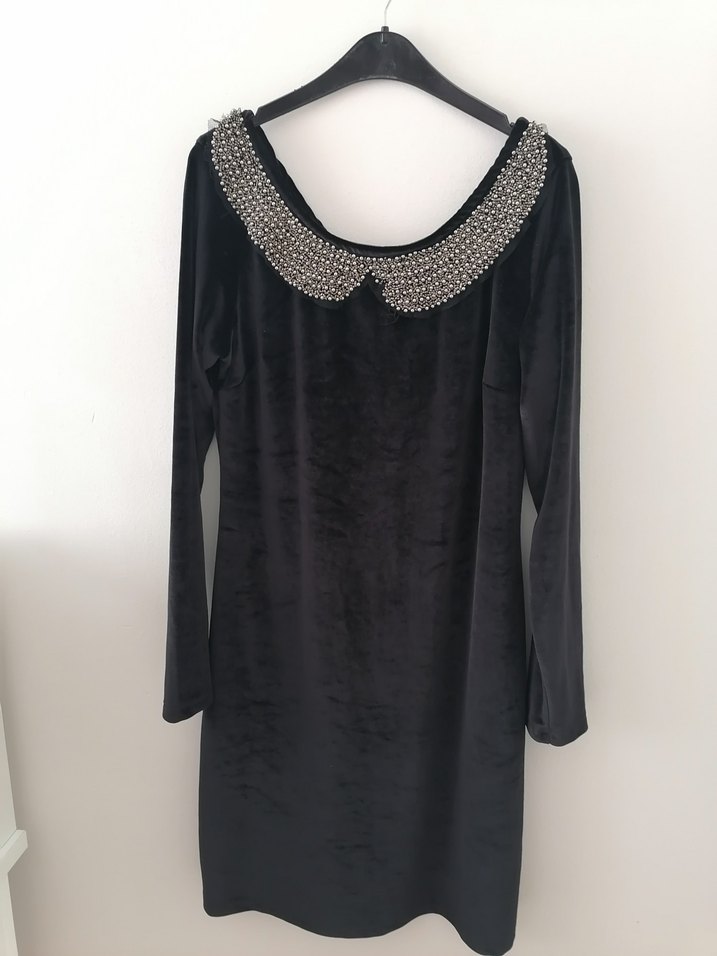 Gri Boncuk İşlemeli  siyah Kadife çok şık Elbise - Görsel 2