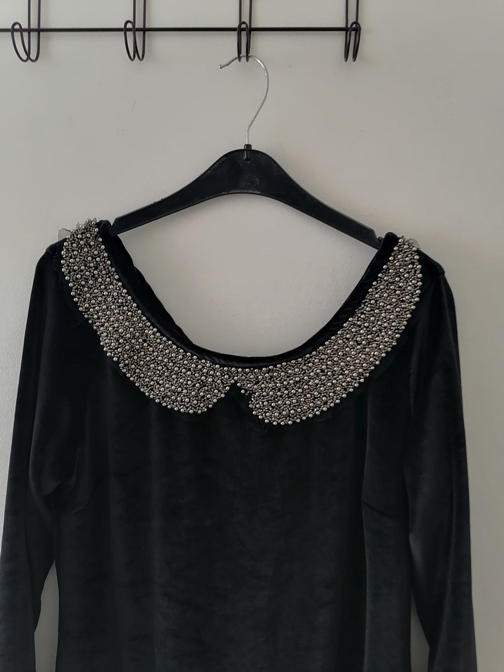 Gri Boncuk İşlemeli  siyah Kadife çok şık Elbise - Görsel 5