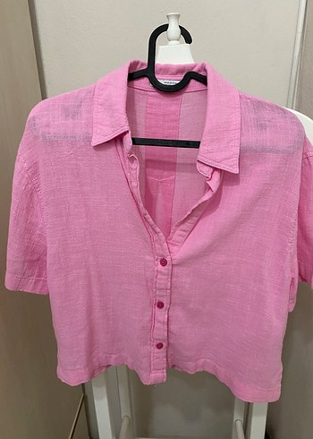 Düğmeli Pembe Keten Kadın Gömlek