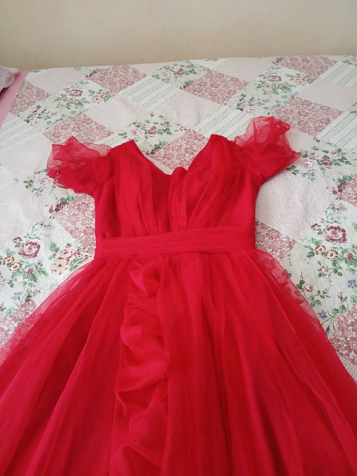 Kırmızı V Yaka Drapeli tül kadın elbise - Görsel 2