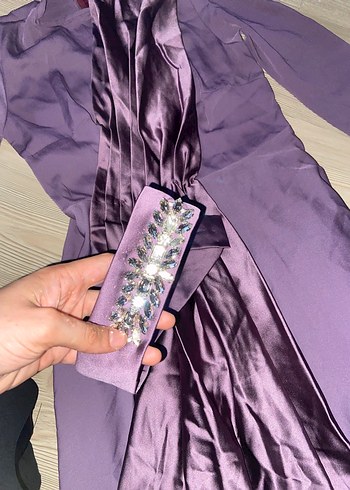 36 Beden Uzun Mor Drape Detaylı Tesettür Abiye