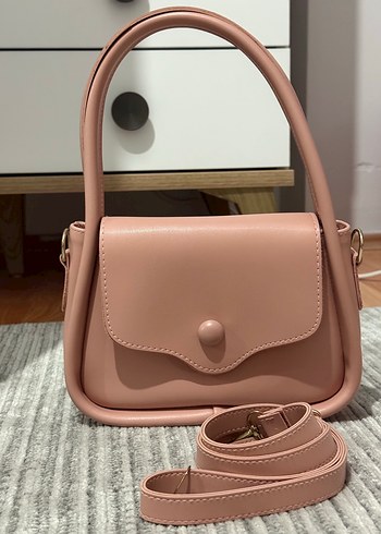 Pembe Deri Kadın Çanta Tokalı Modern Klasik