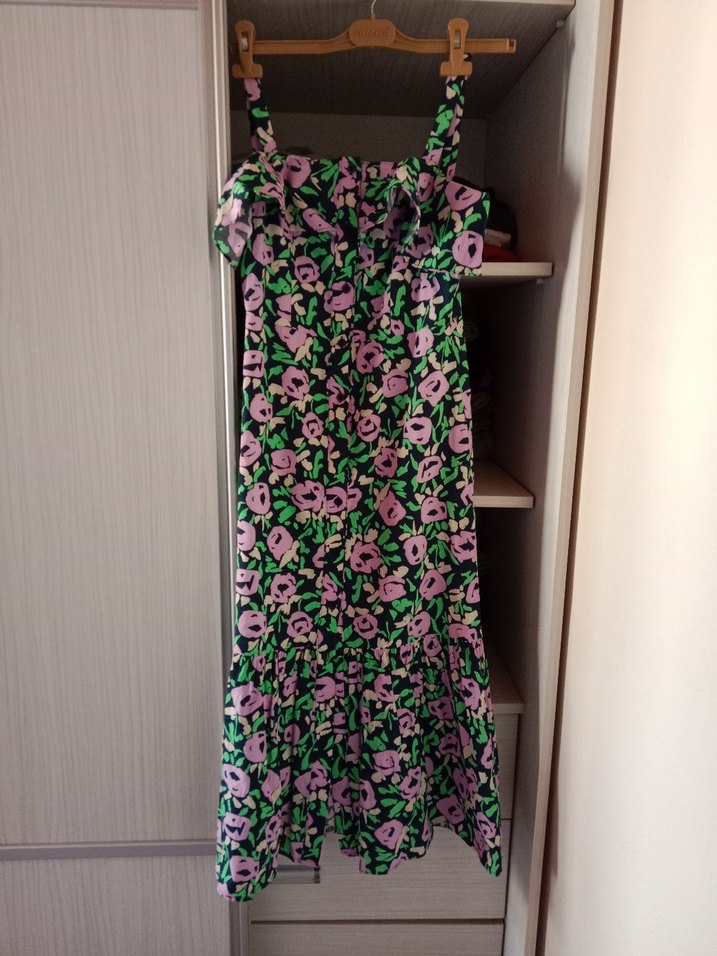 askılı kare kesim pileli elbise - Görsel 5