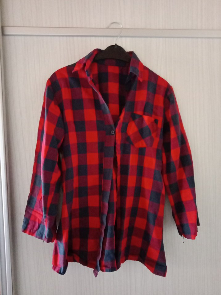 Düğmeli Uzun Kollu Kırmızı Ekose Gömlek - Görsel 3