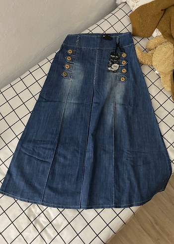 Düğmeli Lacivert Uzun Denim Etek