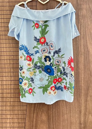 Çiçek Desenli Mavi Uzun tunik - Görsel 3