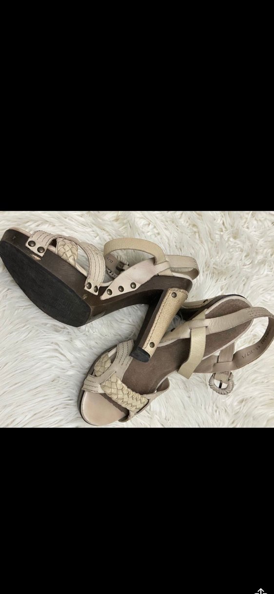 Bej Deri Platform Topuklu Sandalet - Görsel 5