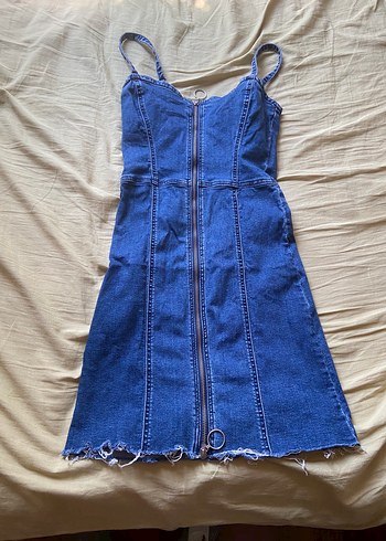 Mavi Fermuarlı Denim Midi Elbise