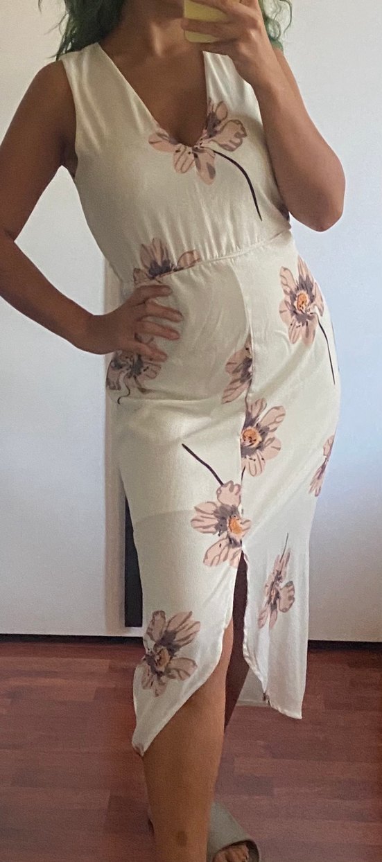 V Yaka Midi Bohem Desenli Beyaz Elbise - Görsel 2