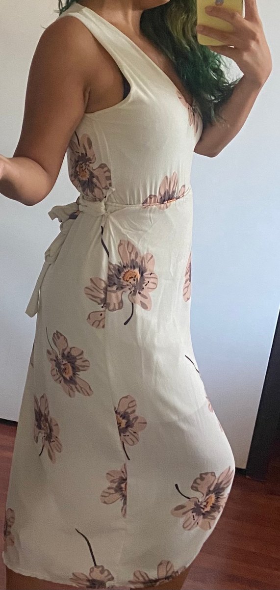 V Yaka Midi Bohem Desenli Beyaz Elbise - Görsel 4