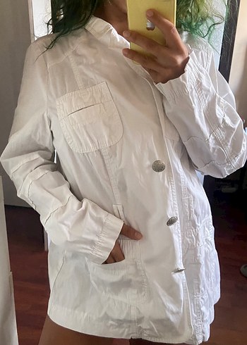 Düğmeli Beyaz Keten Midi Kadın Ceket - Görsel 2