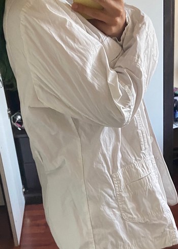 Düğmeli Beyaz Keten Midi Kadın Ceket - Görsel 4