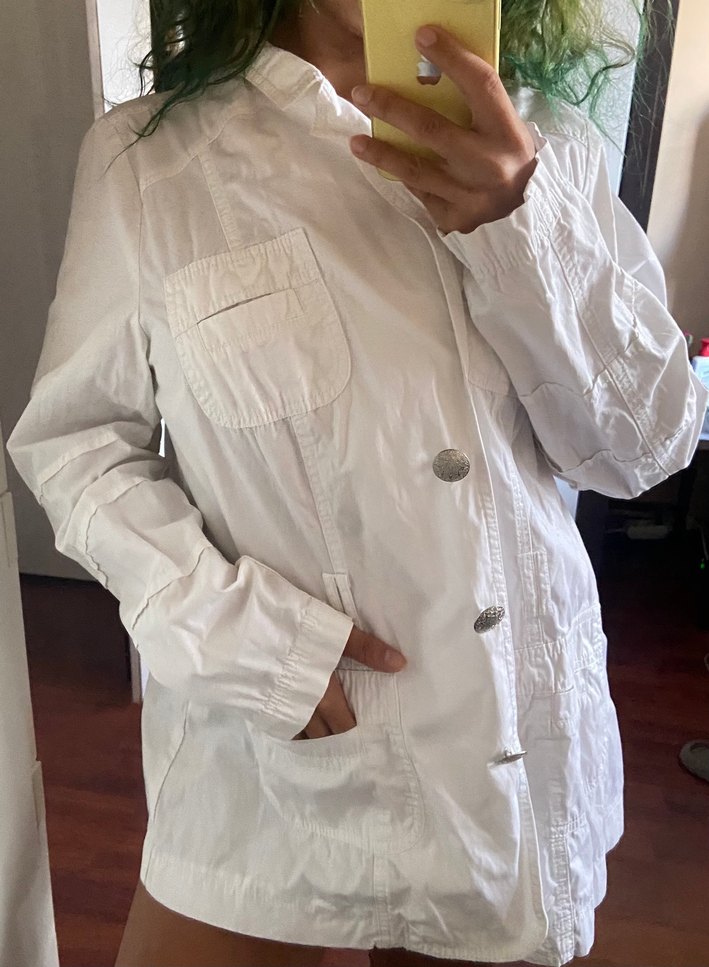 Düğmeli Beyaz Keten Midi Kadın Ceket - Görsel 2