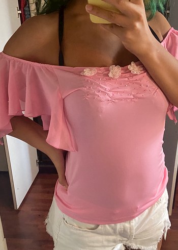 Pembe Kolları Fırfır Detaylı Bluz - Görsel 2