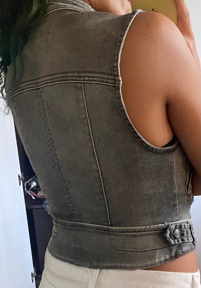 Gri Kadın Denim Biker Yelek - Görsel 2